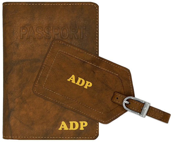 Personalized Monogrammed Leather RFID Passport Cover Holder and Luggage Tag