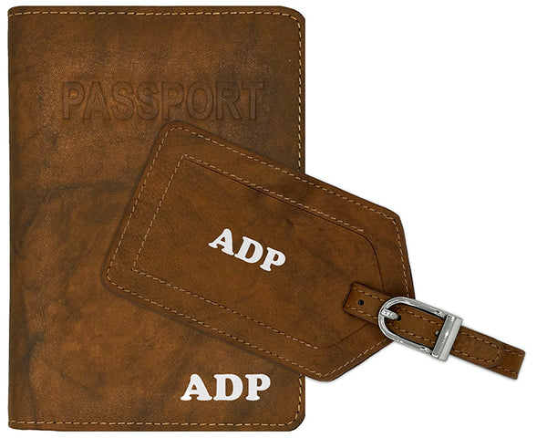 Personalized Monogrammed Leather RFID Passport Cover Holder and Luggage Tag