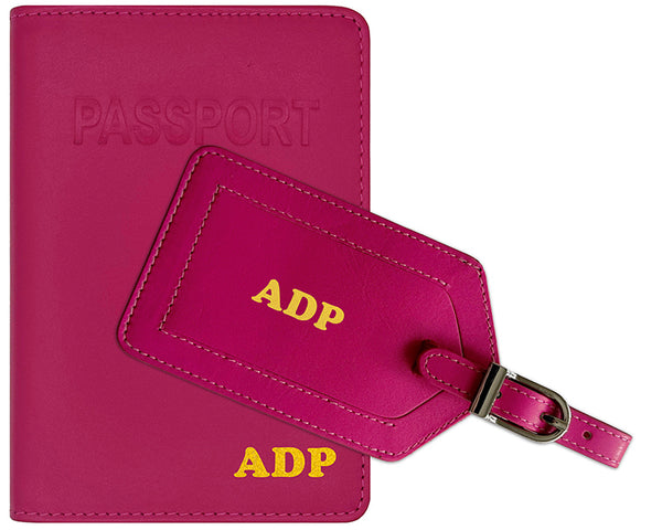 Personalized Monogrammed Leather RFID Passport Cover Holder and Luggage Tag