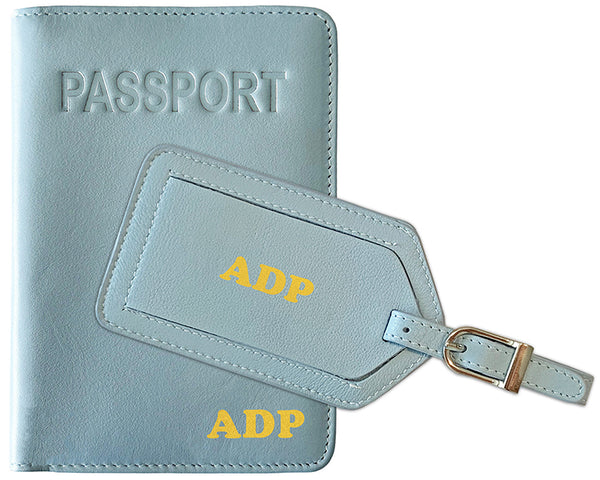 Personalized Monogrammed Leather RFID Passport Cover Holder and Luggage Tag