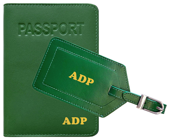 Personalized Monogrammed Leather RFID Passport Cover Holder and Luggage Tag
