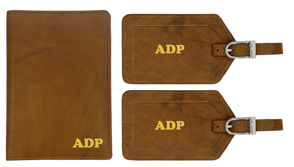 Personalized Monogrammed Leather RFID Passport Wallet and 2 Luggage Tags