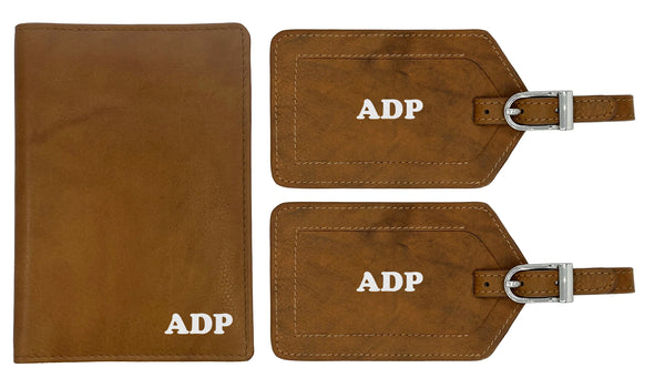 Personalized Monogrammed Leather RFID Passport Wallet and 2 Luggage Tags