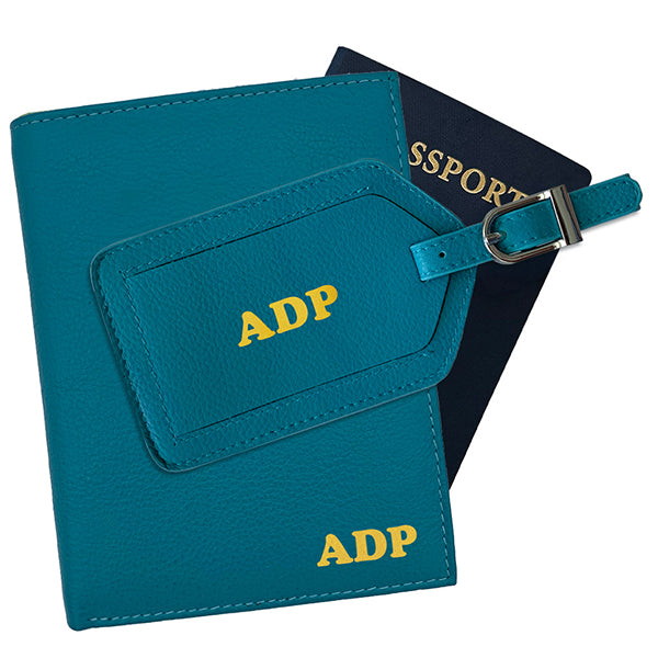 Deluxe Personalized Monogrammed Leather RFID Passport Wallet and Luggage Tag