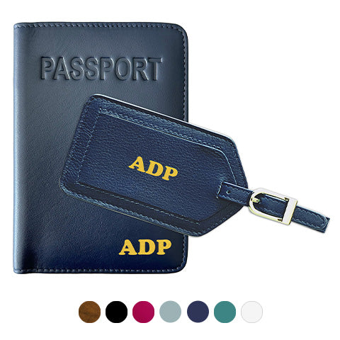 Personalized Monogrammed Leather RFID Passport Cover Holder and Luggage Tag