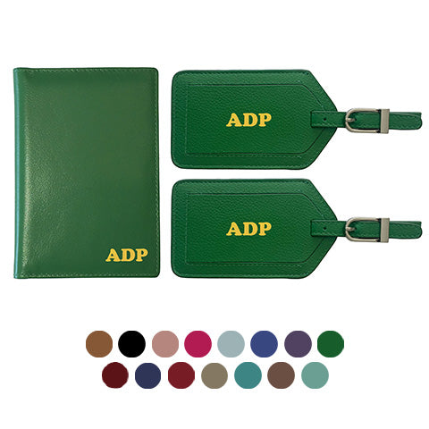 Personalized Monogrammed Leather RFID Passport Wallet and 2 Luggage Tags