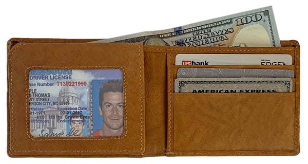 Personalized RFID Blocking Leather Bifold Men's Wallet With ID Window