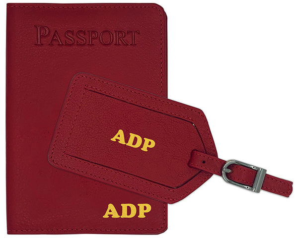 Personalized Monogrammed Leather RFID Passport Cover Holder and Luggage Tag