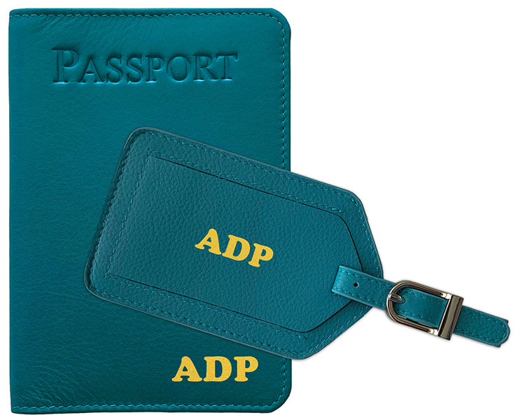 Personalized Monogrammed Leather RFID Passport Cover Holder and Luggage Tag
