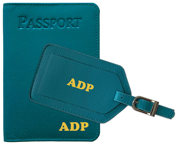 Personalized Monogrammed Leather RFID Passport Cover Holder and Luggage Tag