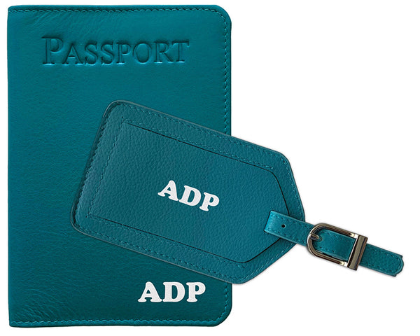 Personalized Monogrammed Leather RFID Passport Cover Holder and Luggage Tag