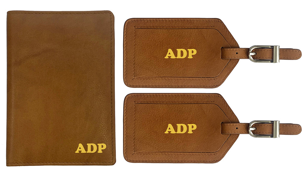 Personalized Monogrammed Antique Saddle Leather RFID Passport Wallet and 2 Luggage Tags