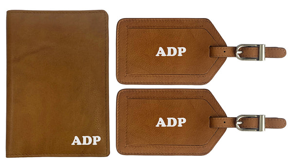 Personalized Monogrammed Leather RFID Passport Wallet and 2 Luggage Tags