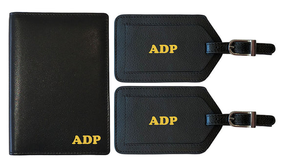 Personalized Monogrammed Leather RFID Passport Wallet and 2 Luggage Tags