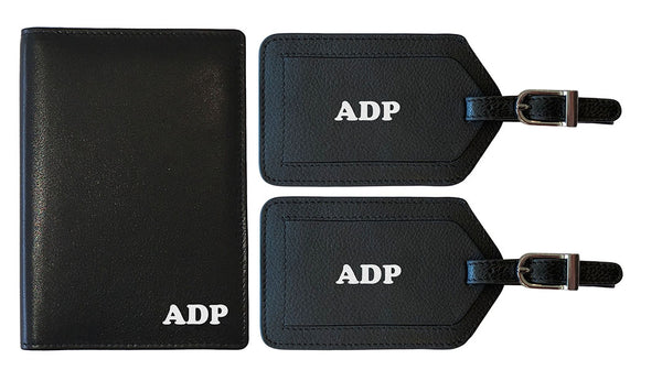 Personalized Monogrammed Leather RFID Passport Wallet and 2 Luggage Tags