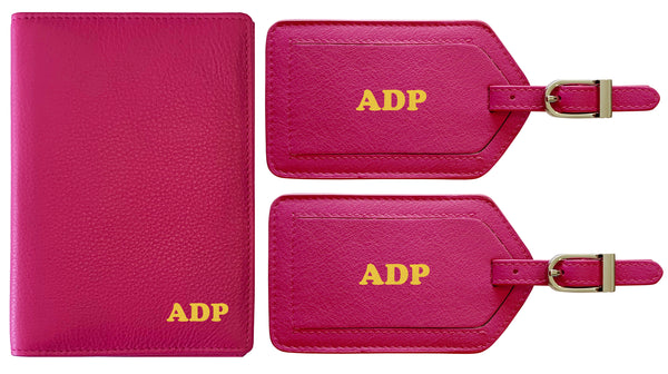 Personalized Monogrammed Leather RFID Passport Wallet and 2 Luggage Tags