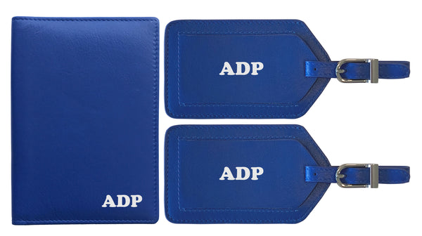 Personalized Monogrammed Leather RFID Passport Wallet and 2 Luggage Tags