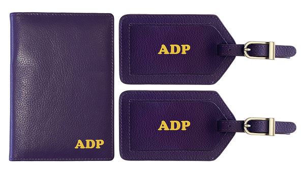 Personalized Monogrammed Leather RFID Passport Wallet and 2 Luggage Tags