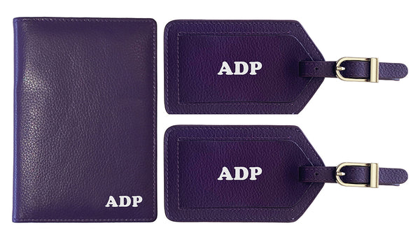 Personalized Monogrammed Leather RFID Passport Wallet and 2 Luggage Tags