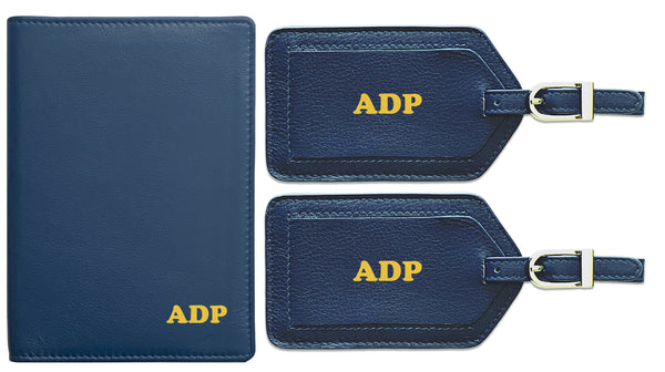 Personalized Monogrammed Leather RFID Passport Wallet and 2 Luggage Tags