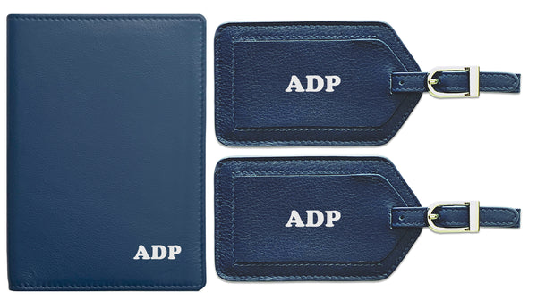 Personalized Monogrammed Leather RFID Passport Wallet and 2 Luggage Tags