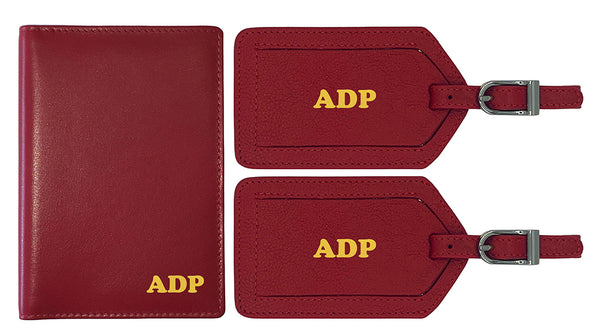 Personalized Monogrammed Leather RFID Passport Wallet and 2 Luggage Tags