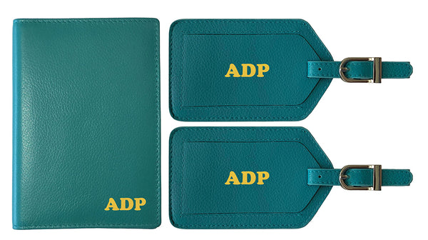 Personalized Monogrammed Leather RFID Passport Wallet and 2 Luggage Tags