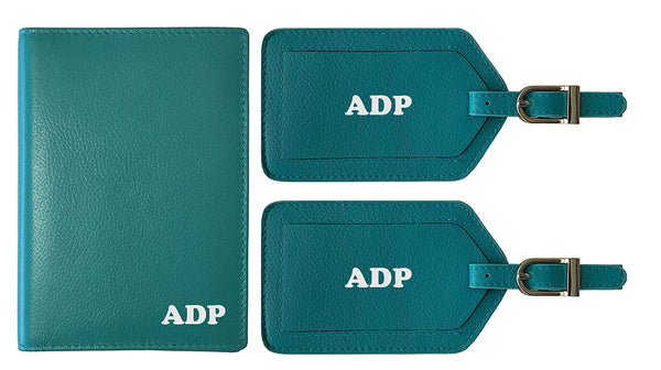 Personalized Monogrammed Leather RFID Passport Wallet and 2 Luggage Tags