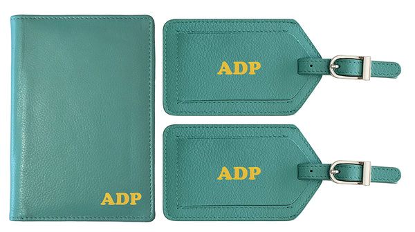 Personalized Monogrammed Leather RFID Passport Wallet and 2 Luggage Tags