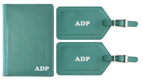 Personalized Monogrammed Leather RFID Passport Wallet and 2 Luggage Tags