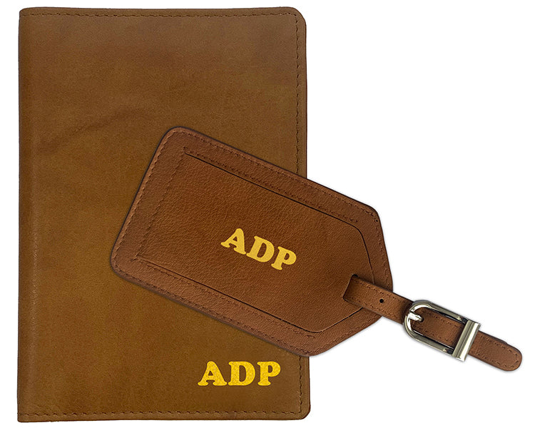 Personalized Monogrammed Antique Saddle Leather RFID Passport Wallet and Luggage Tag